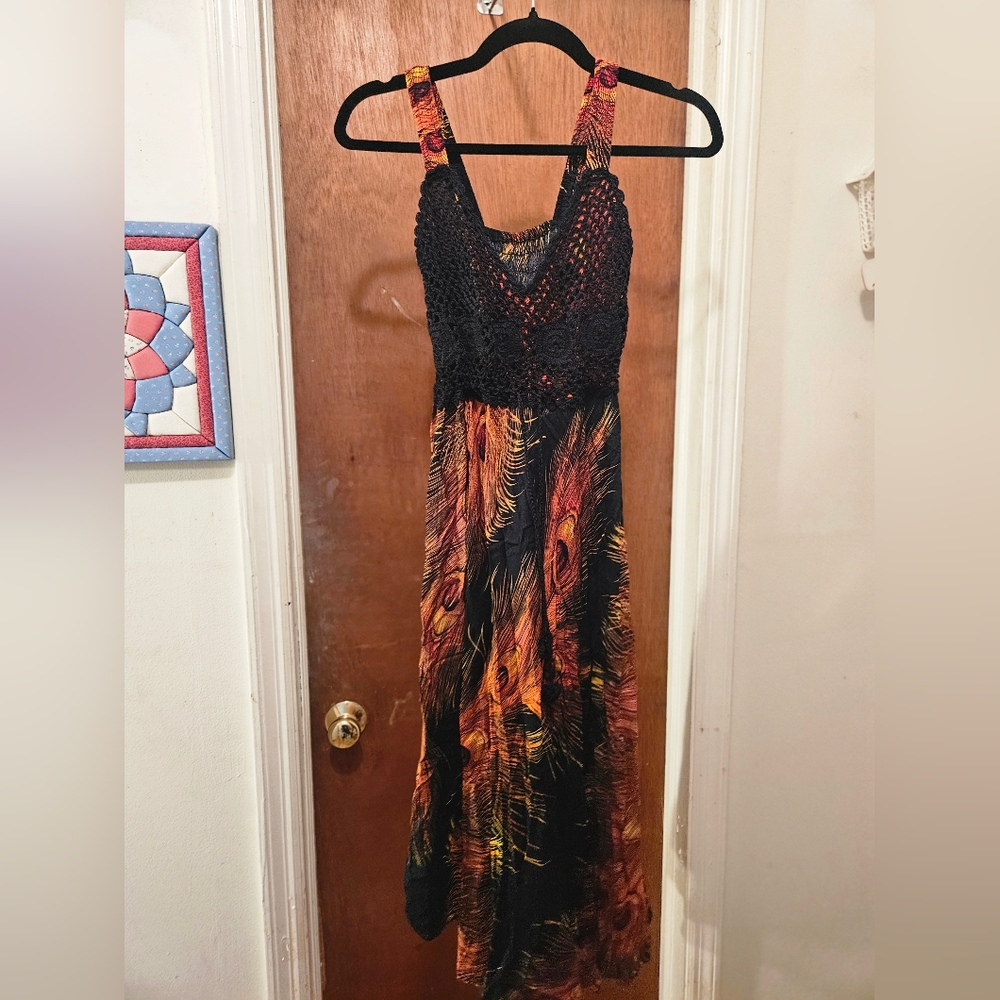 Source Unknown Black Crochet Bodice Maxi Dress with Multicolor Feather Print